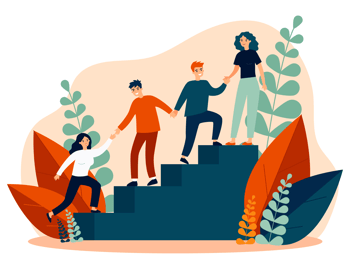 illustration of friends helping each other up stairs